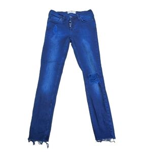 Free People Distressed Skinny Cropped Jeans with Button Fly and Raw Hems W25